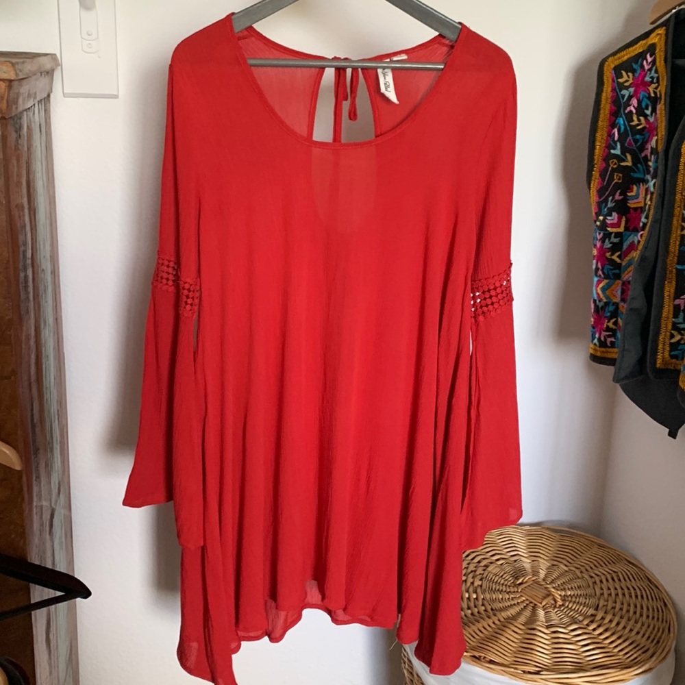 Vintage red bohemian bell sleeve dress XS oversized